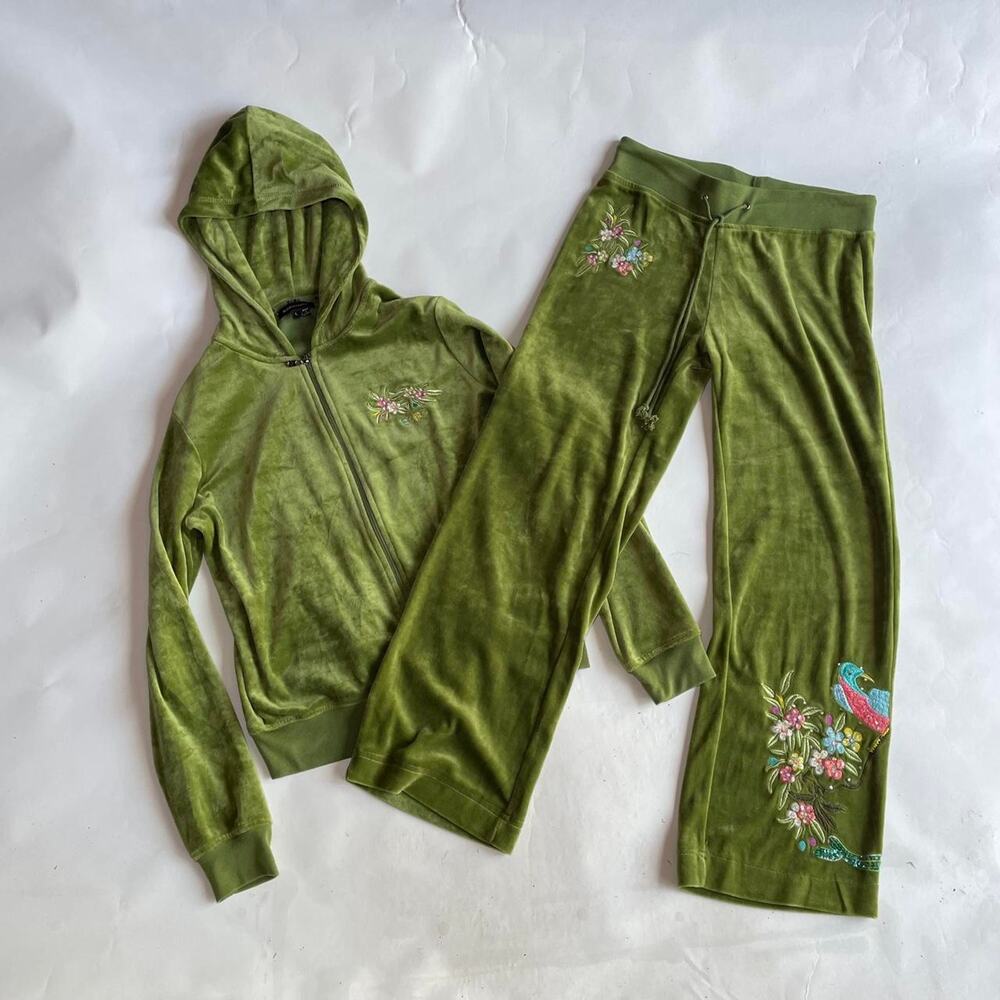 Vintage BCBG Green Embroidered Tracksuit Set